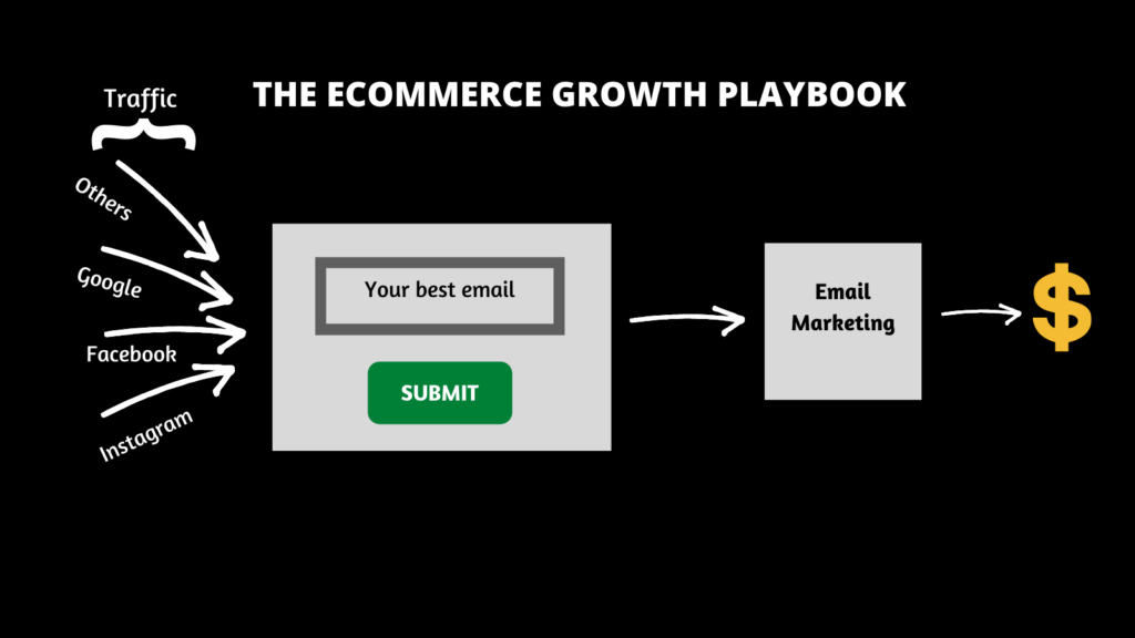 a view of the ecom growth playbook- convert traffic to email, run it through email marketing and profit